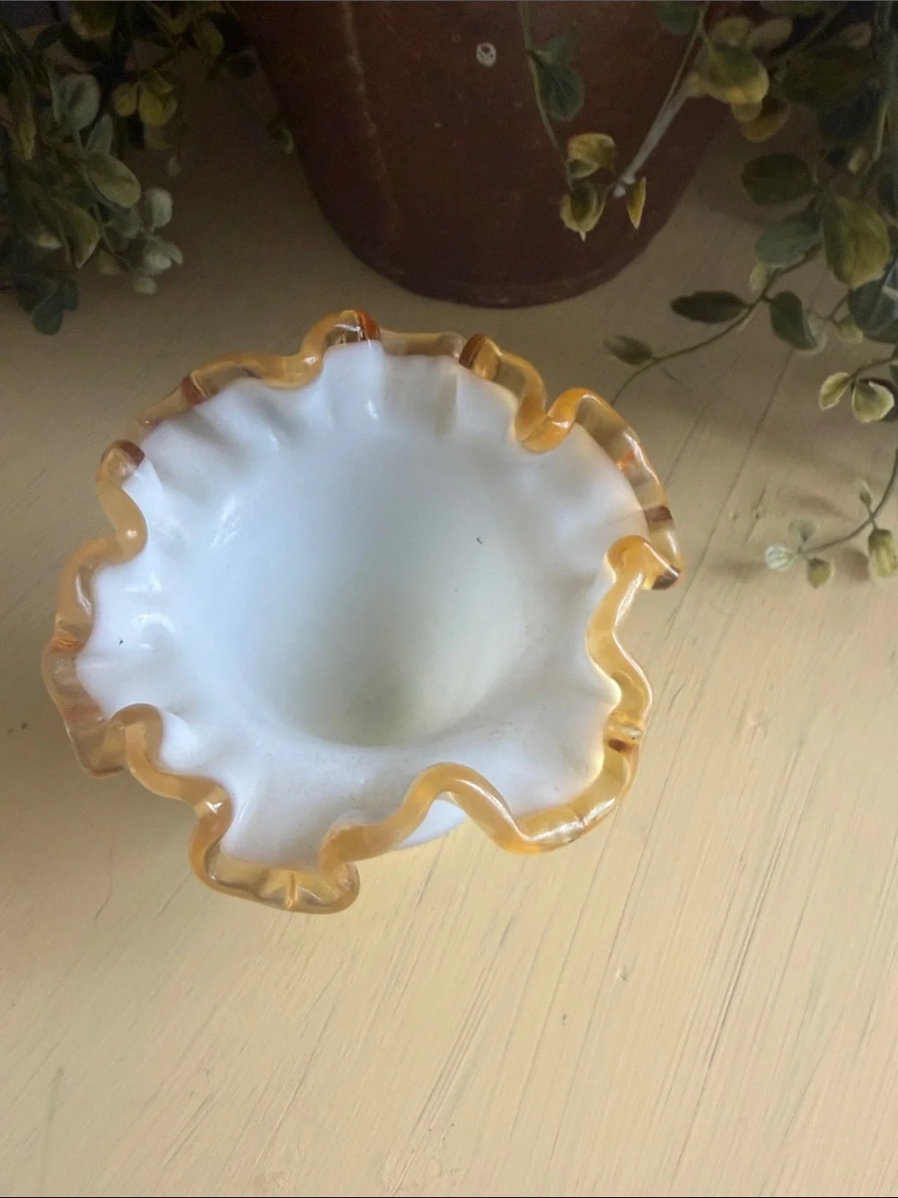 Fenton Milk Glass Ruffled Edge Vase and vase bowl 1940